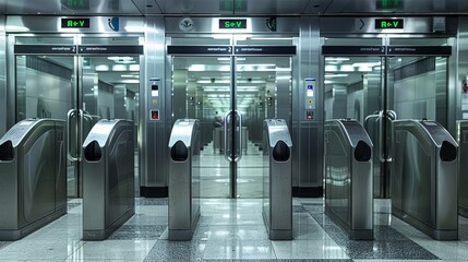 Turnstiles in a modern subway station