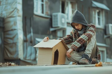a teen boy sits on the street in the city and holds in his hands a house made of cardboard backing
