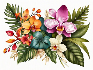 floral illustration of colorful bouquet with tropical orchid flowers and green palm leaves Botanical design element isolated on white background
