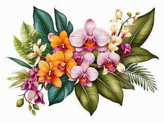 floral illustration of colorful bouquet with tropical orchid flowers and green palm leaves Botanical design element isolated on white background