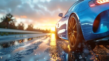 In this 3D rendering, a blue car on a highway obscures the movement speed. It is based on AI generative algorithms.