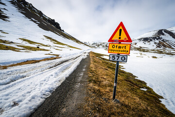 Road warning sign at the base of the Snæfellsjökull volcano in Iceland