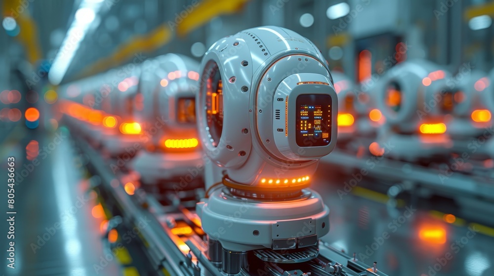Poster featured is a modern smart factory equipped with an automated line, robotic hands controlled by arti