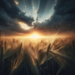 Dramatic Sunset Over Wheat Field with Dark Cloudy Sky and Golden Light Illuminating Grains