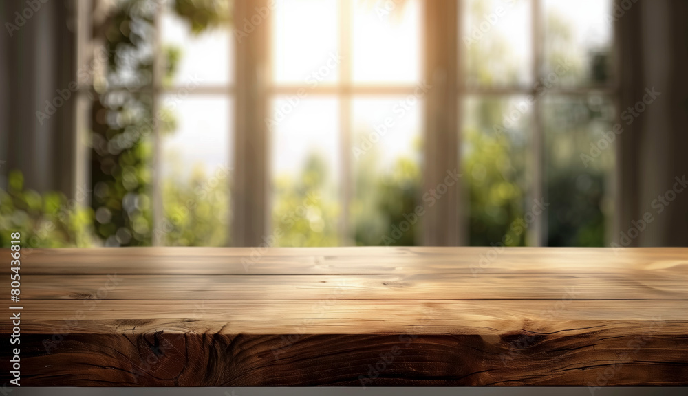 Poster a wooden table background with a view of trees and a window. the table is empty and the view is very