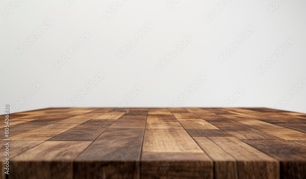 Poster a wooden table with a white background. the table is empty and has a lot of space. the table is made