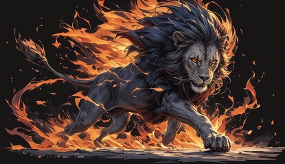 Lion of the fire, digital art style wallpaper, dark background, full body lion with fiery mane and tail. 