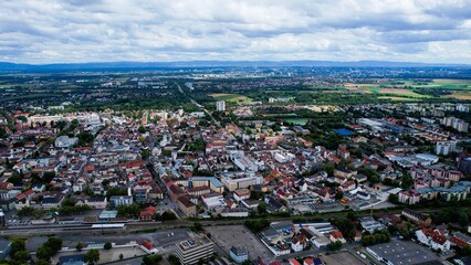 Aerial view around the old town of the city Frankenthal on a sunny day in Germany.