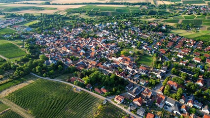 Aerial view around the old town of the city Essenheim on a sunny day in Germany.