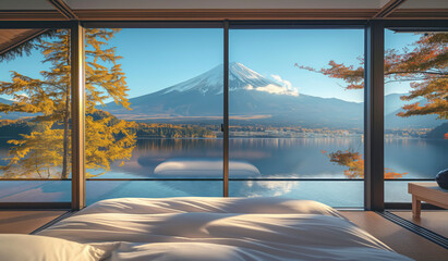 A bedroom with a large window overlooking a lake and mountains. The view is serene and peaceful, making it an ideal place to relax and unwind background