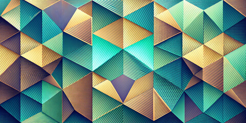 The multitude of geometric shapes creates a vibrant mosaic of colours that creates a 3d effect. The shape resembles a pyramid and its patterned texture adds to the overall depth of the pattern.AI gene