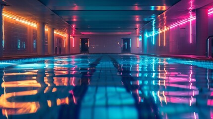 Swimming Pools Neon Lights: A photo showcasing an empty swimming pool with neon lighting and underwater lights