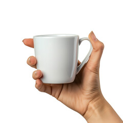 A woman's hand holds a white cup isolated on a transparent background 
