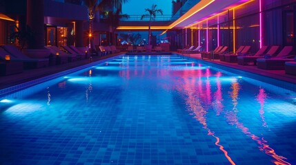 Obraz premium Swimming Pools Resort Relaxation: A photo featuring an empty swimming pool at a resort