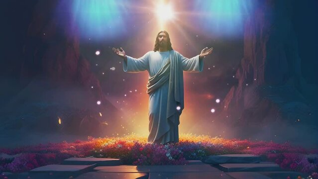 Jesus welcomed at the gate of the garden of heaven with the beauty of flowers and the light of heaven