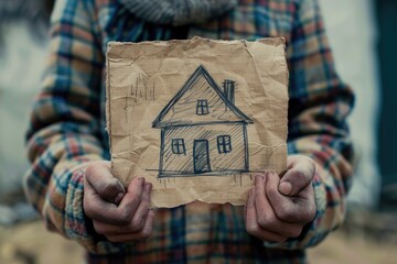an man in old clothes on the street holds a sign, a drawing with a picture of a house. poor, homeless, social problems