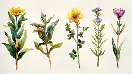 A variety of hand drawn watercolor flowers. Yellow, purple and blue flowers with green stems and leaves.