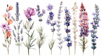 A variety of lavender flowers in shades of purple, pink, and white. The flowers are arranged in a row with green stems and leaves. The background is white.