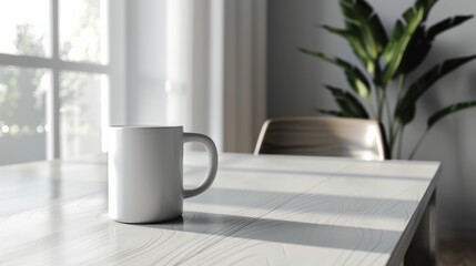 Clean and modern white mug mockup on a minimalist table