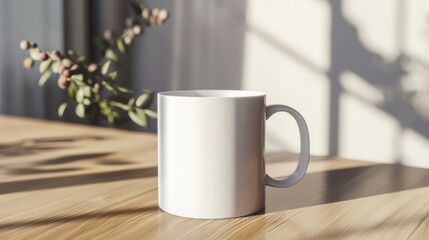 Clean and modern white mug mockup on a minimalist table