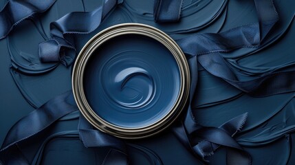 Top view of an open can of classic navy blue paint, surrounded by navy blue fabric swatches and ribbons that match the color tone