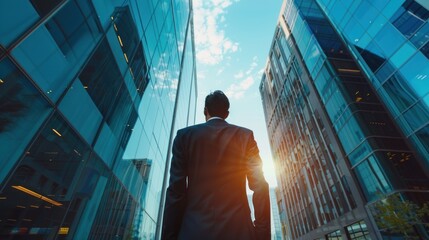 Businessman in suit with business office glass modern buildings background,Rear view of a businessman gazing at towering skyscrapers, symbolizing ambition and corporate success Corporate. Generated AI