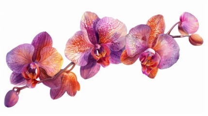 Delicate and colorful watercolor painting of purple and yellow orchids.