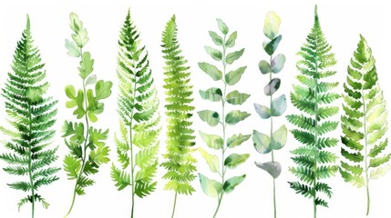 Delicate greenery. Watercolor set with hand drawn fern, eucalyptus and other leaves. Botanical illustration isolated on white background.