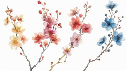 Delicate watercolor painting of cherry blossoms in full bloom. Yellow, pink, red and blue flowers on a white background.