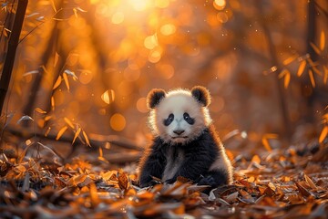 A baby panda sitting in a bamboo forest, with soft sunlight filtering through the leaves, The...