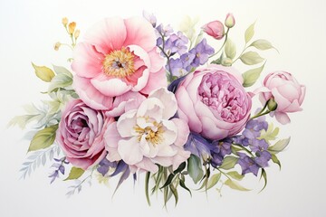 Watercolor artwork of a dreamy bouquet of garden roses and peonies, capturing the essence of a special summer wedding on a serene white canvas ,  fresh and clean look