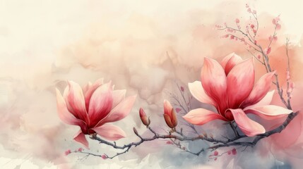 Pink magnolia flowers on a branch with buds. The background is blurry light pink. The image is in a watercolor style.