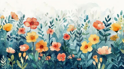 The image is a watercolor painting of a meadow full of flowers