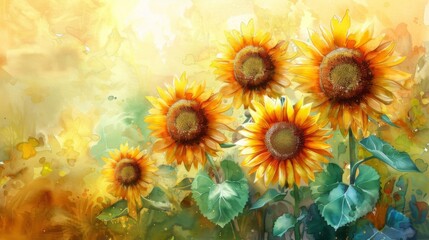 Obraz premium The image shows a field of sunflowers, with their bright yellow petals and dark green leaves