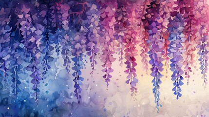 Fototapeta premium The image is a watercolor painting of purple, blue and pink wisteria flowers