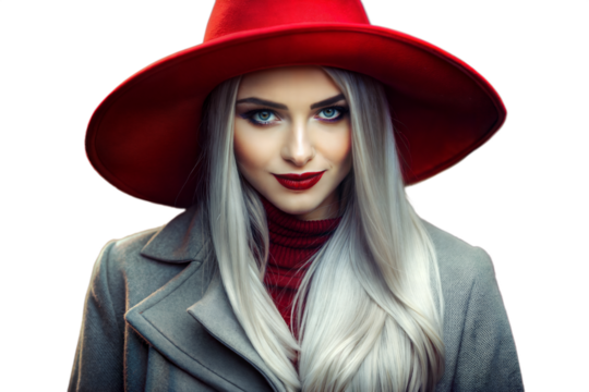 Elegant woman with silver hair, red hat, and bold red lips posing in an transparent background. A glamorous, stylish portrait showcasing confidence, beauty, and timeless fashion. 