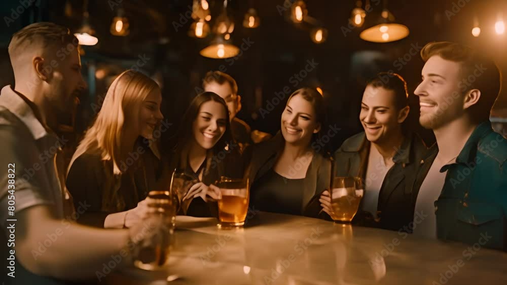 Poster Group of Friends Toasting With Beer at Bar Generative AI