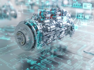Technical presentation of an engine with a 3D model overlaying precise engineering schematics for enhanced understanding, close-up