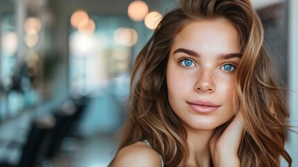 Fototapeta premium portrait of a beautiful blonde, white and blue-eyed woman with perfect skin with blurred background