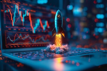 A powerful 3D depiction of a rocket blasting off behind a laptop, the laptop displaying real-time stock market or business analytics. AI generated