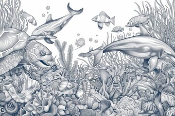 A blue and white drawing of a coral reef with a variety of sea creatures