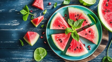 Slices of watermelon and mint arranged on a plate
