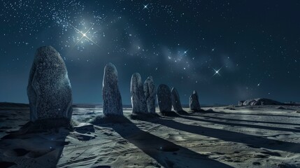 A group of stone pillars are illuminated by the moon and stars