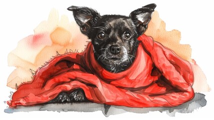 A cute black dog wrapped in a red blanket, looking at the camera with a curious expression.