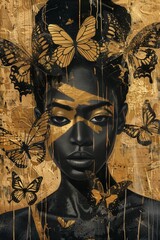A close-up painting of an African American woman's face, detailed in black and highlighted with gold, with butterflies artistically placed as if they are whispering secrets. AI generated