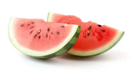 Two wedges of ripe watermelon placed on a clean white surface
