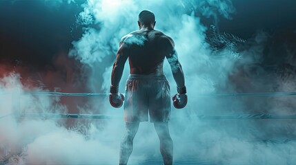 Boxing banner. Intense boxer readying for a fight amidst dramatic mist. sports themes and powerful...