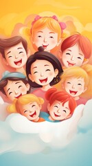 A group of cute children standing in fluffy clouds