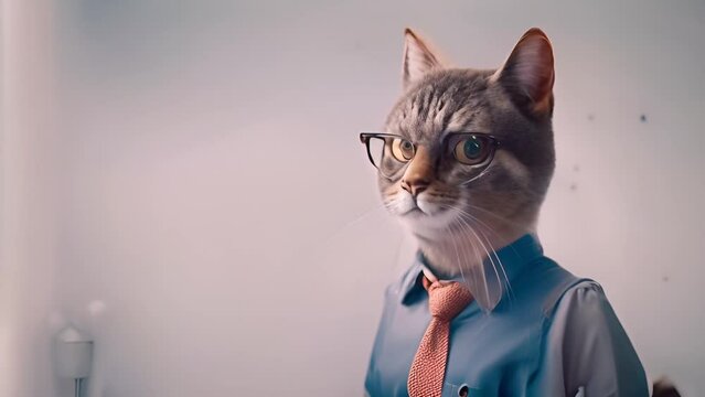 Stylish Cat in Glasses Blue Shirt and Tie Generative AI