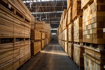 Long rows of packed wooden planks lie in a commercial warehouse